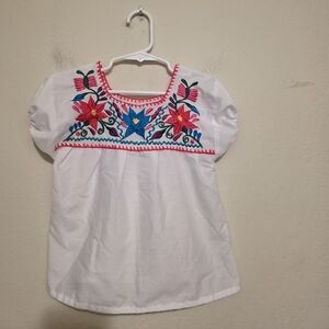Mexican Colorful Floral Embroidered White Kids Blouse Size 4T